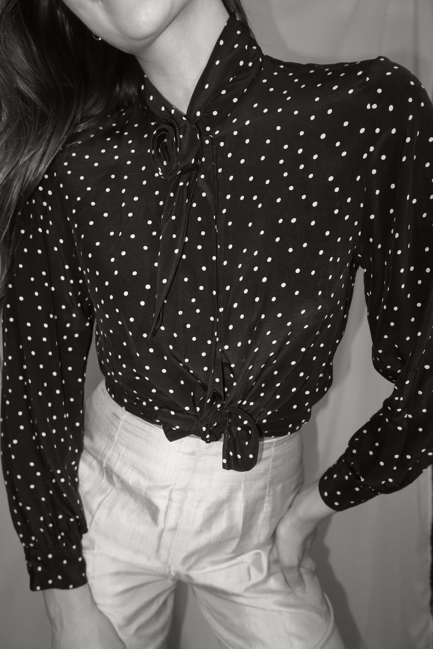 1980's Rosette Polka Dot Long Sleeve Blouse- Size S/M