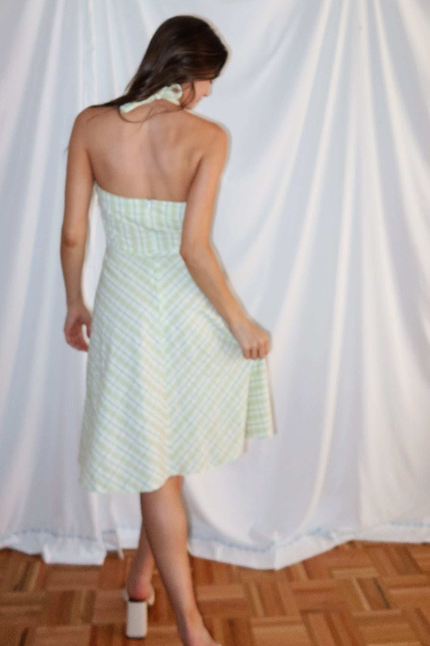 Y2K Seersucker Plaid Halter Fit & Flare Dress- Size 2