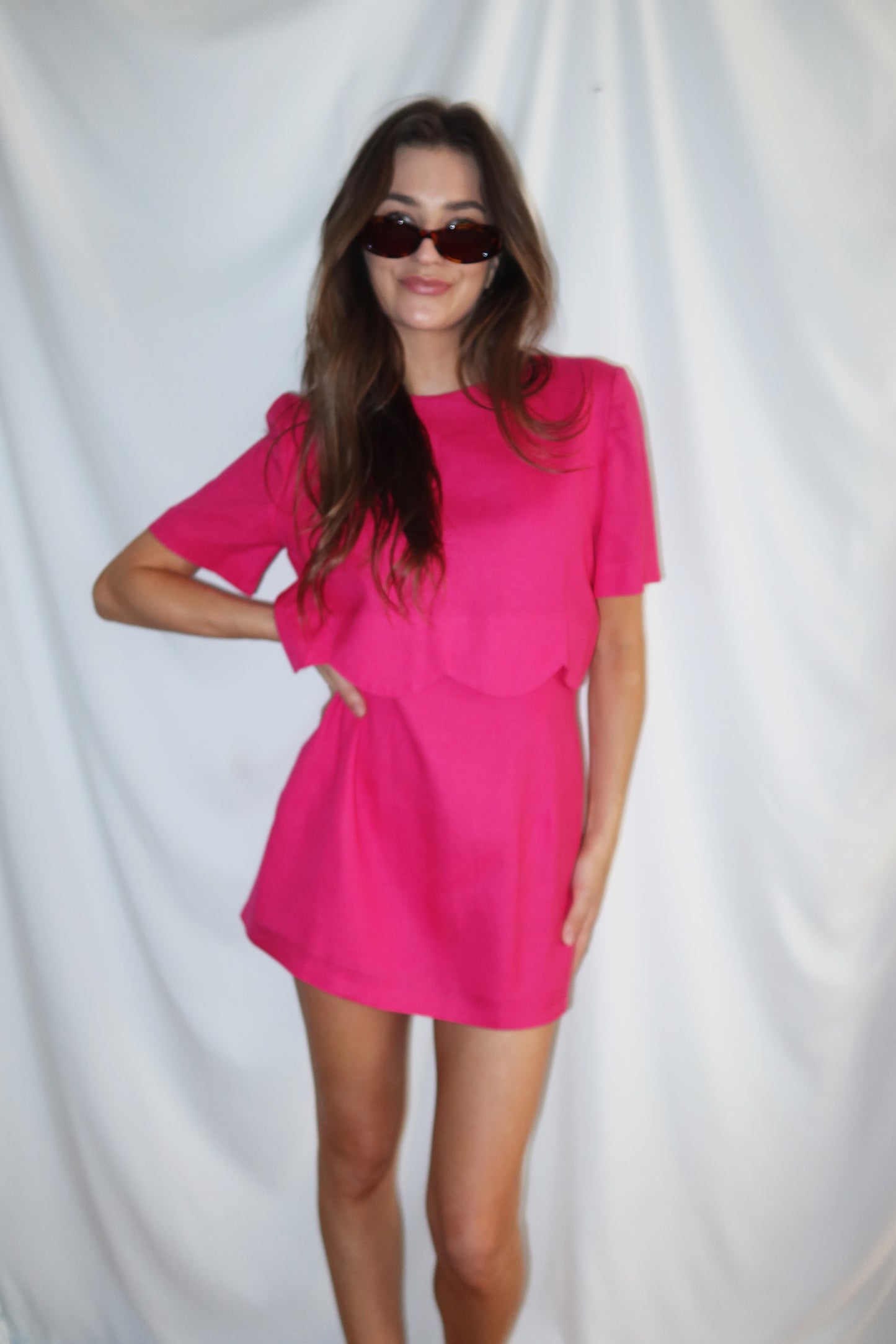 1980's Hot Pink Scallop Detail Mini Shift Dress- Size 12