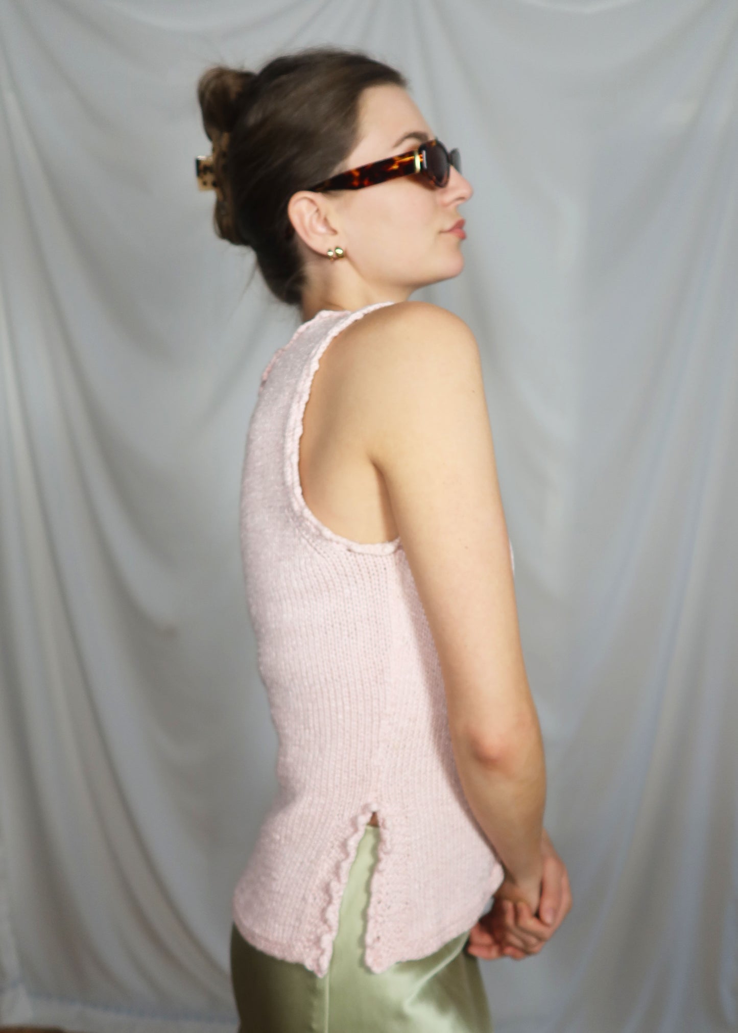 1990's Light Pink Crochet-like Sweater Tank Top- Size XS/S