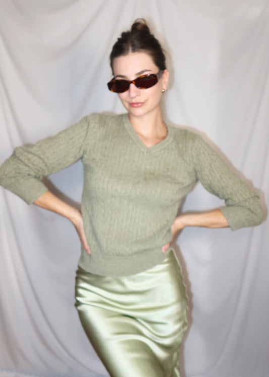 1990's 100% Cotton Cable Knit V-neck Sweater- Size S