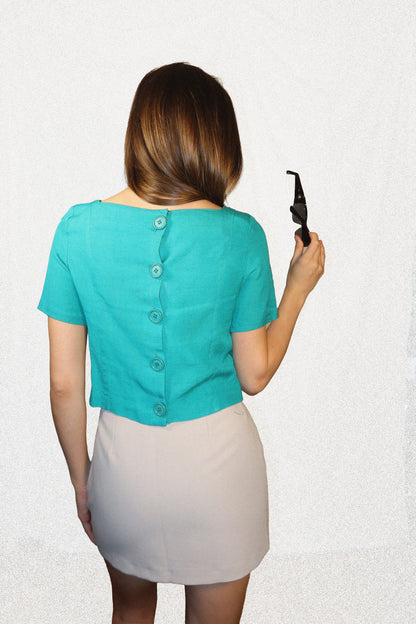 1980's Short Sleeve Button Back Teal Shift Top- Size 10/M