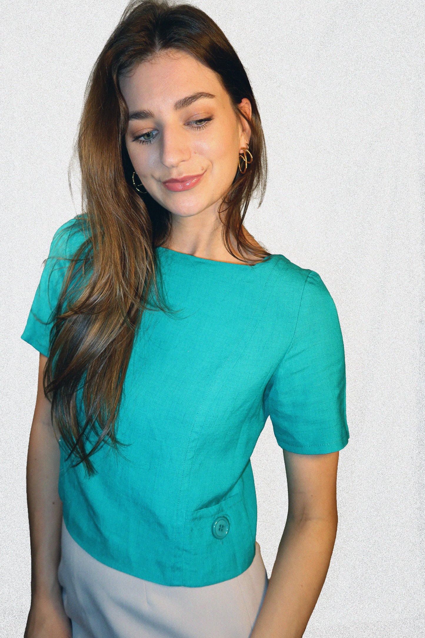 1980's Short Sleeve Button Back Teal Shift Top- Size 10/M