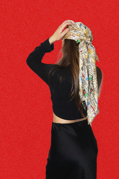 1990's 100% Silk Novelty Objects Graphic Scarf Nicole Miller
