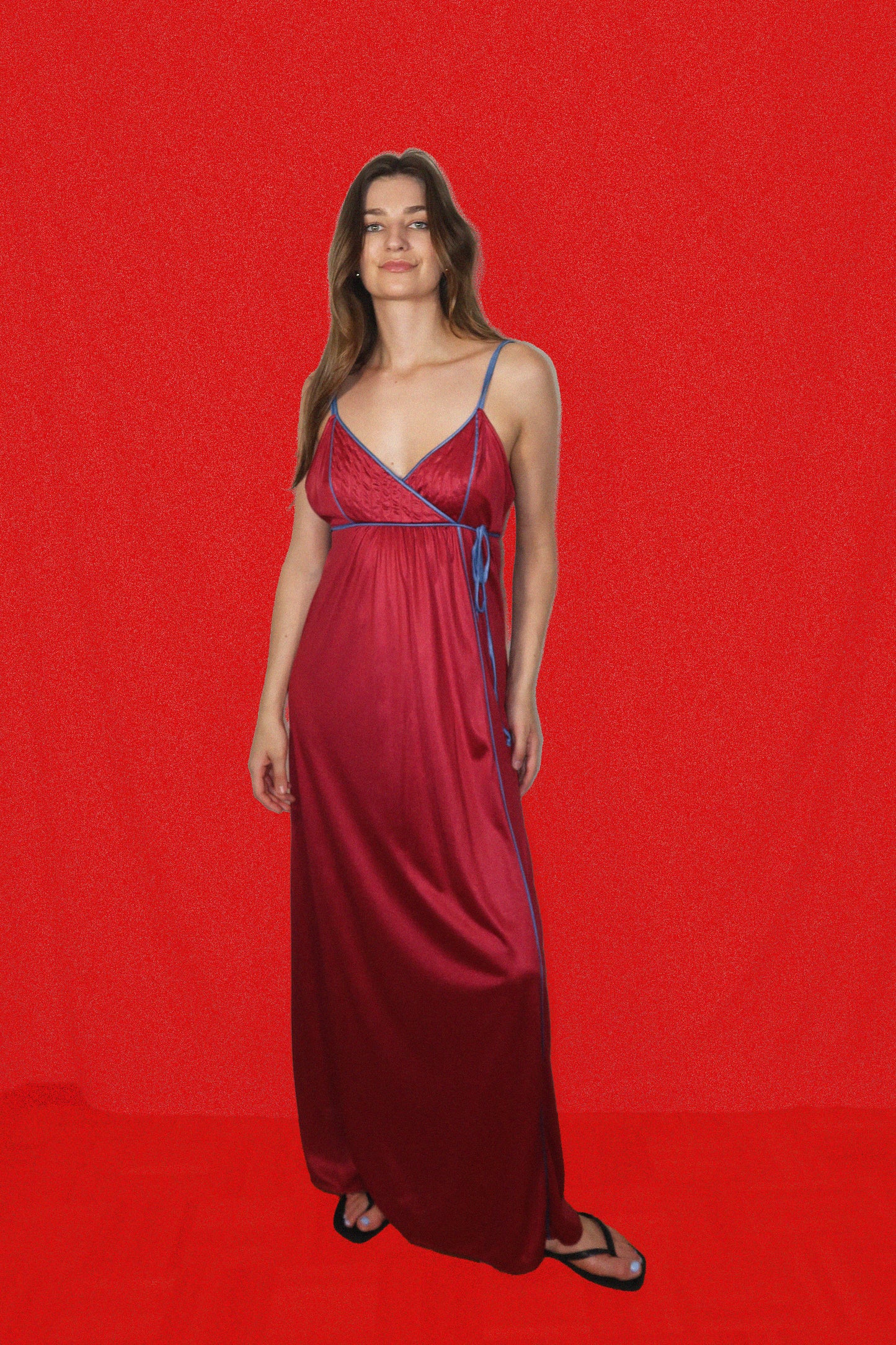 1970's Red/Blue Faux Wrap Nightgown Maxi Dress- Size M