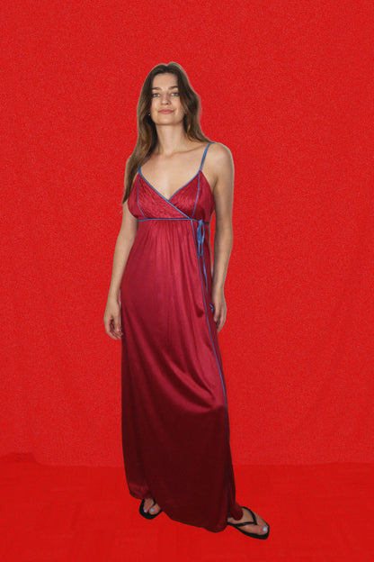 1970's Red/Blue Faux Wrap Nightgown Maxi Dress- Size M