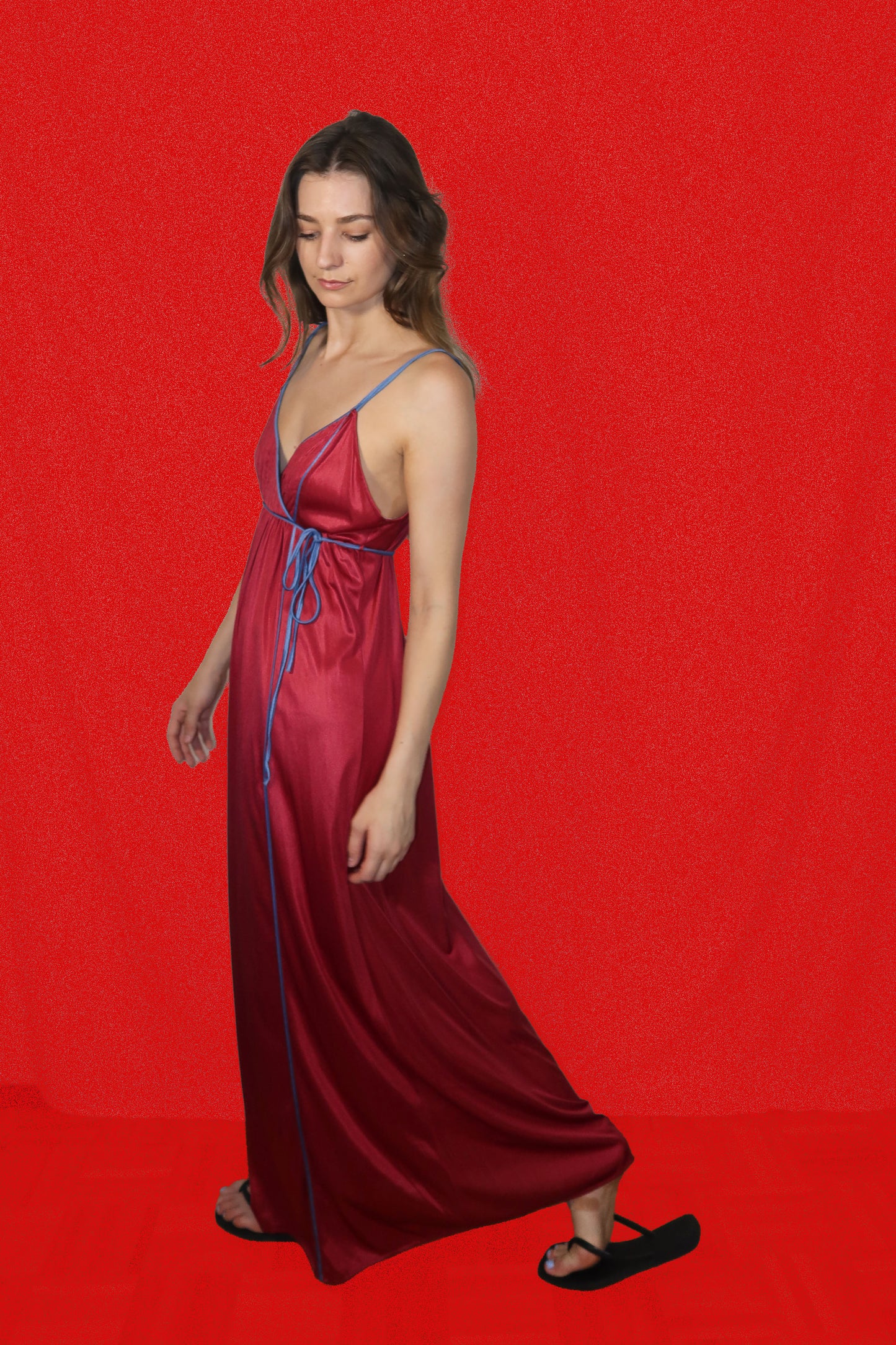 1970's Red/Blue Faux Wrap Nightgown Maxi Dress- Size M
