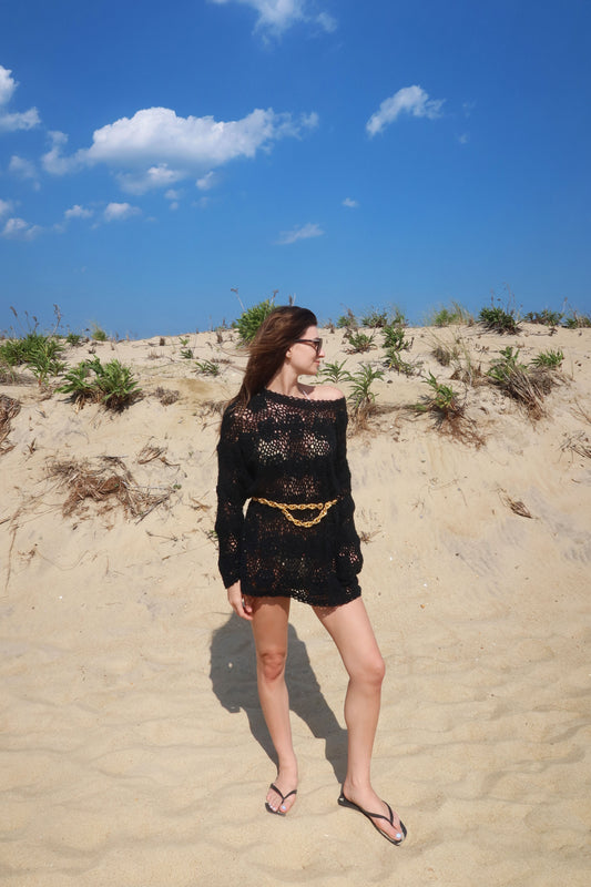 1990's Black Open-knit Crochet Longsleeve Top/Dress- Size L