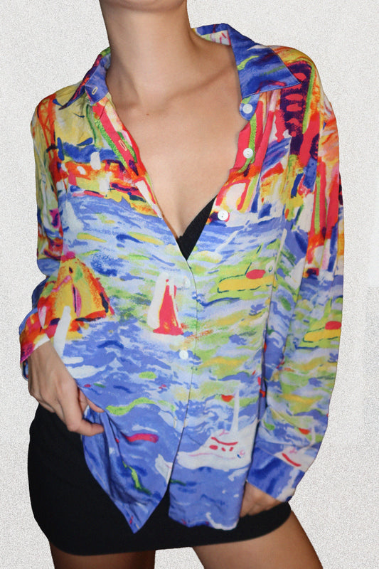 Y2K 100% Silk Button Down Scenic Print Shirt- Size M