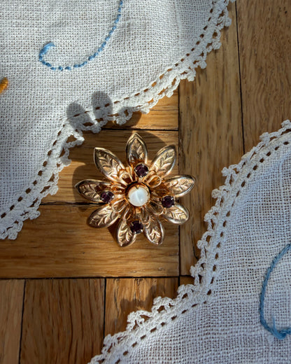Gold/Purple Rhinestone/Pearl Floral Broach