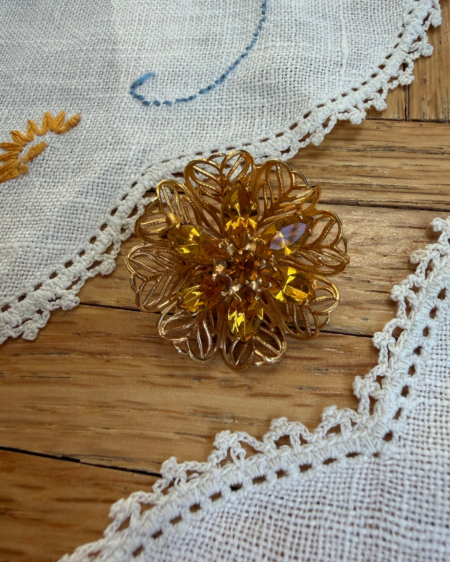 Gold/Orange Rhinestone Floral Broach