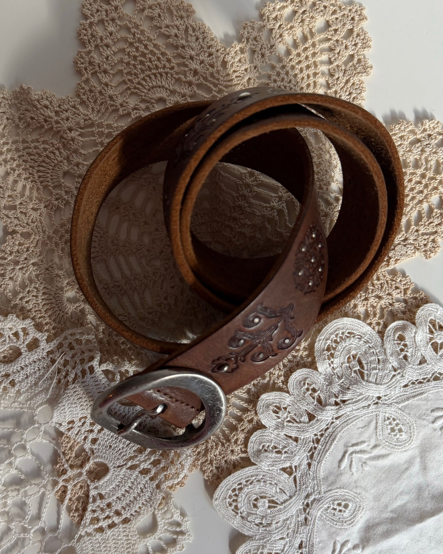 2000's Western Studded Embossed Leather Belt- Size M