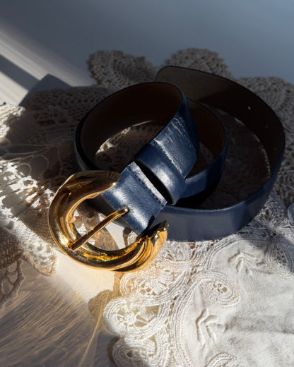 1980's Gold Buckle Navy Blue Leather Belt- Size S/M
