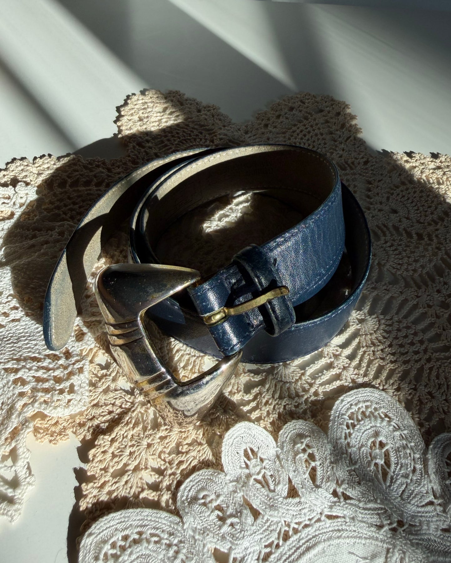 1980's Navy Blue Leather Belt- Size S