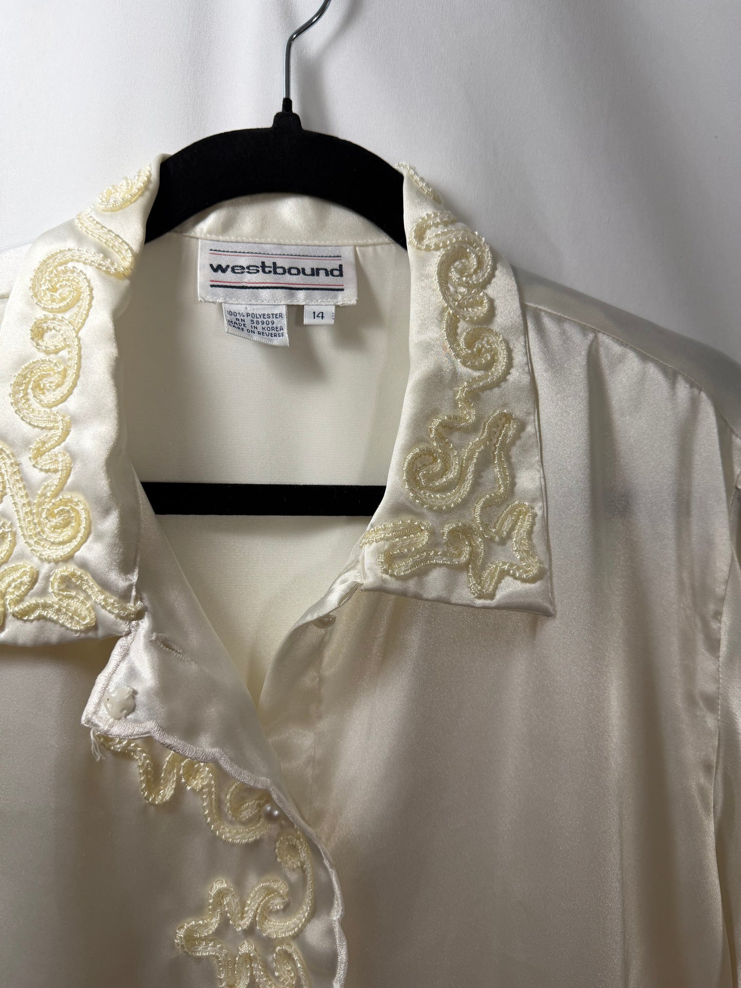 1980'S Satin Soutaché Button Down Blouse- Size L/XL