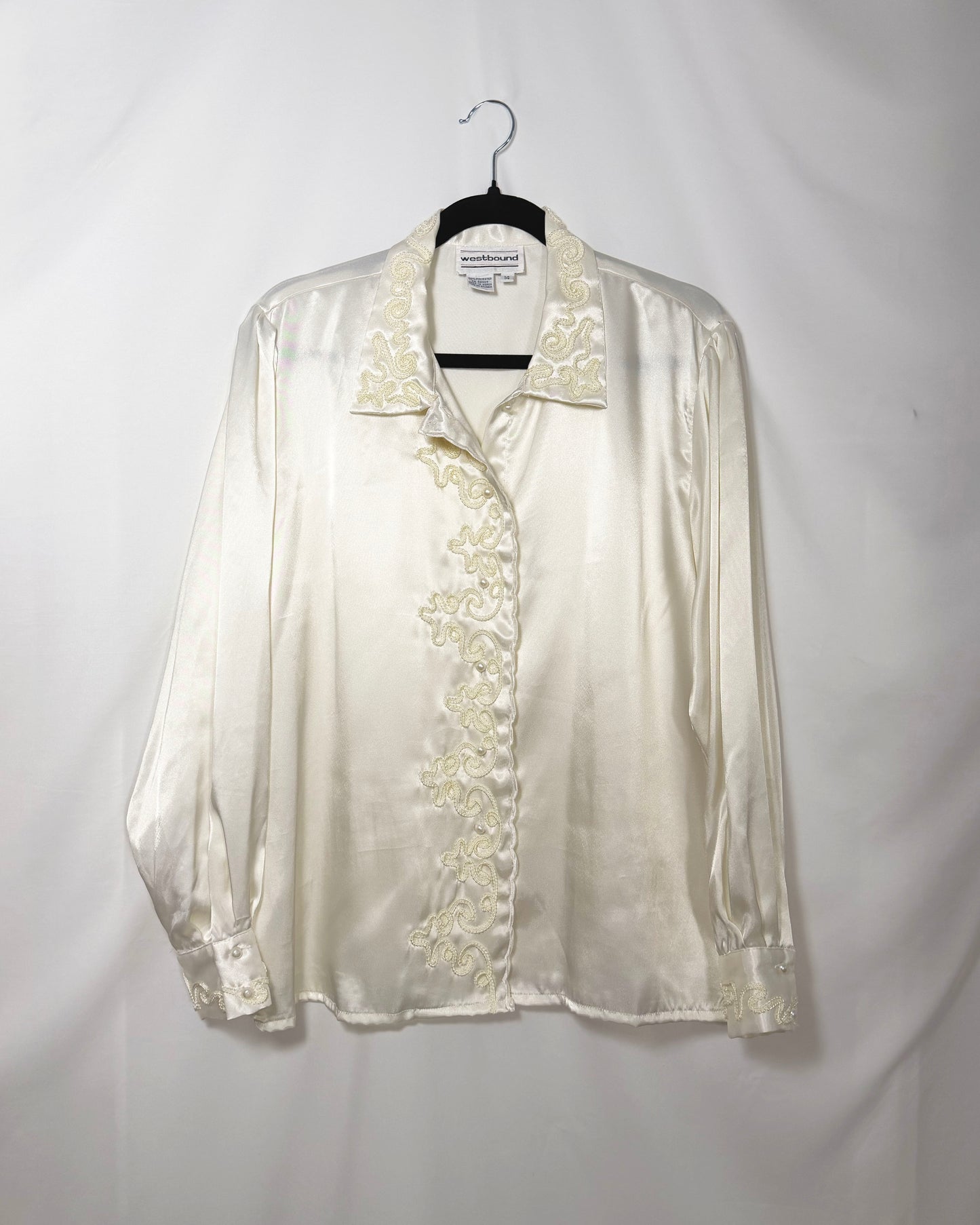 1980'S Satin Soutaché Button Down Blouse- Size L/XL