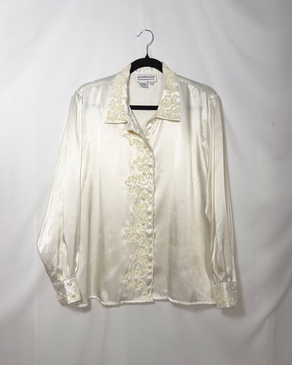 1980'S Satin Soutaché Button Down Blouse- Size L/XL
