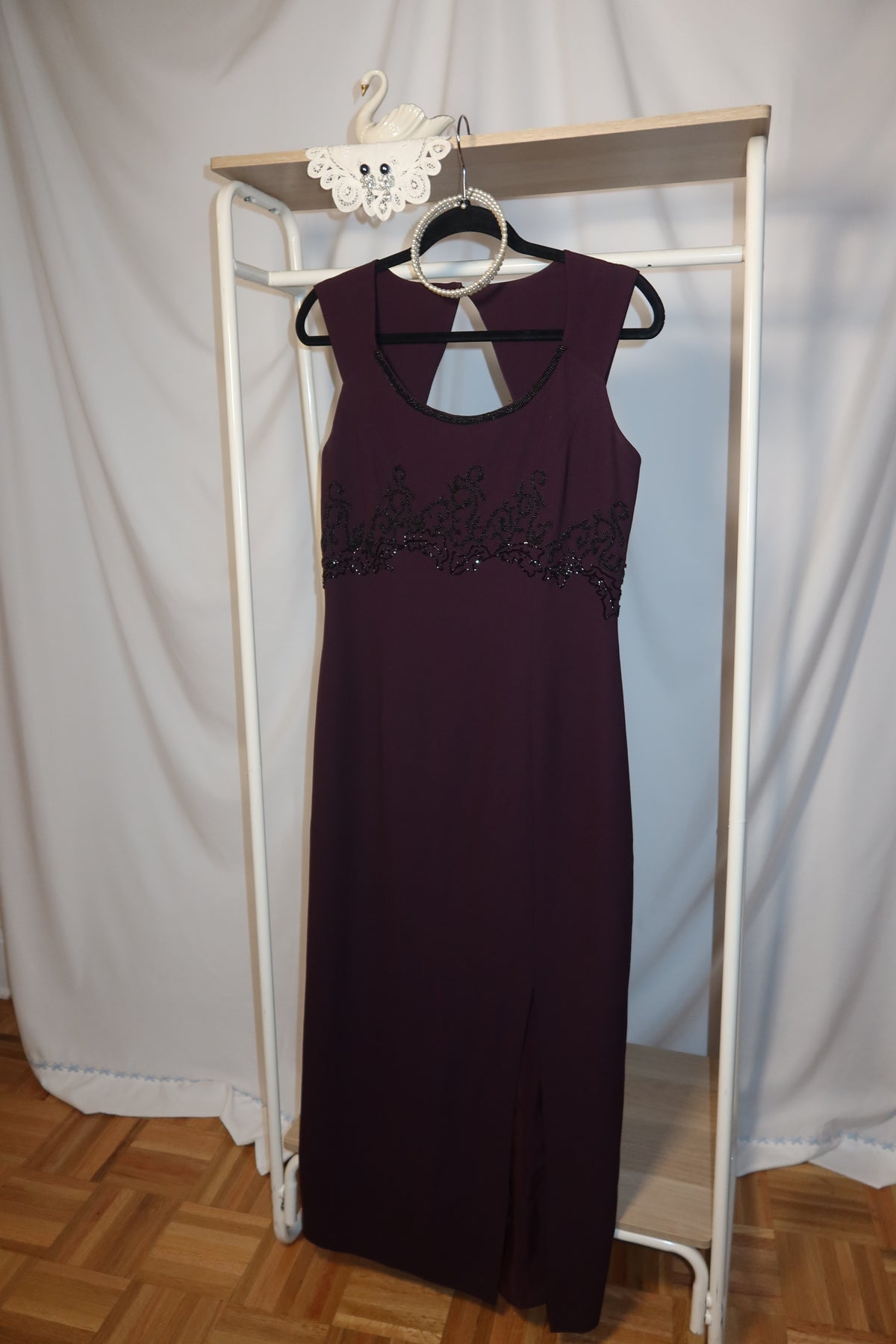 1990's Deep Eggplant Beaded Keyhole Back Maxi Dress- Size 10