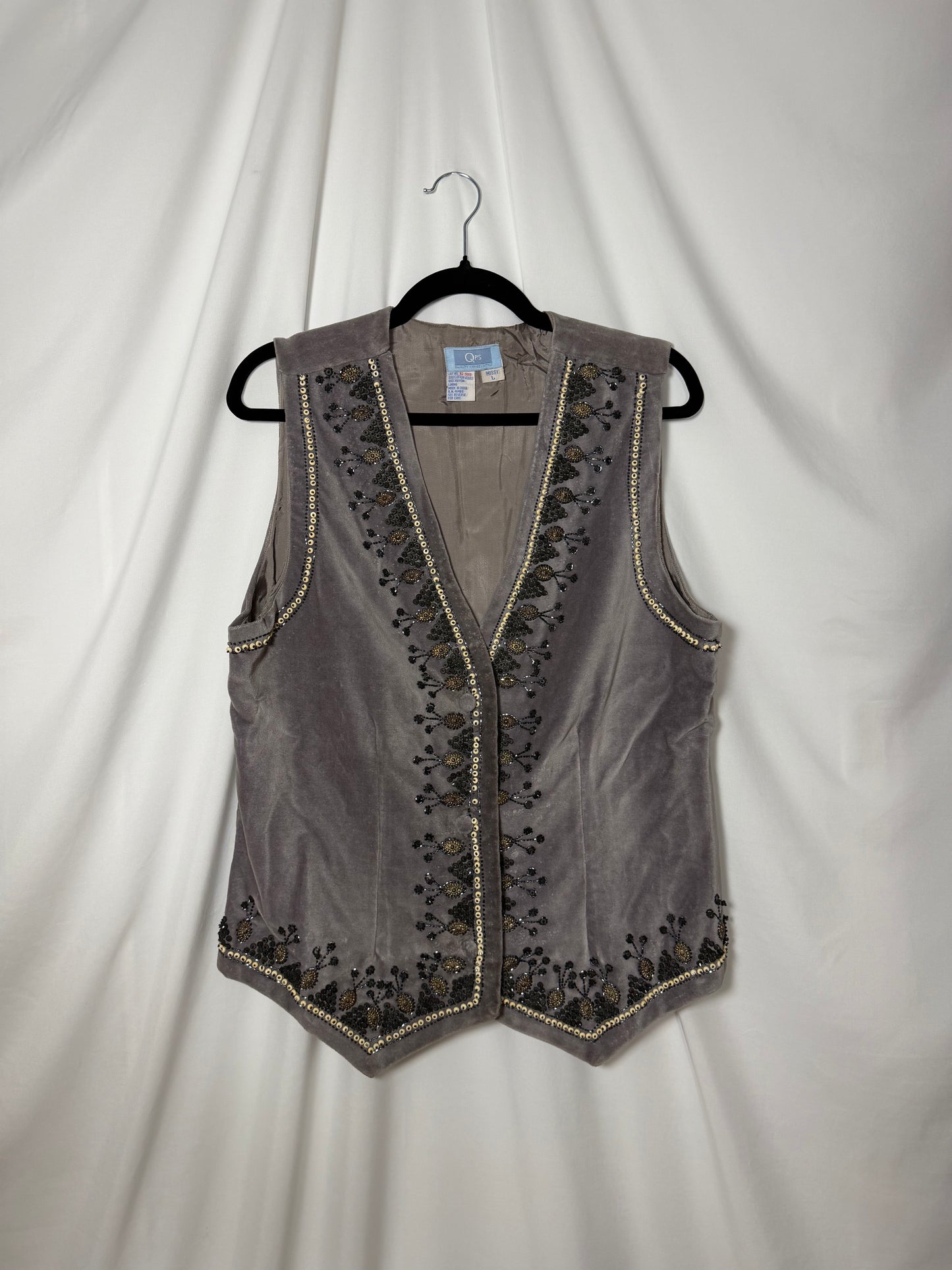 Y2K Embellished 100% Cotton Velvet Gray Vest- Size Large