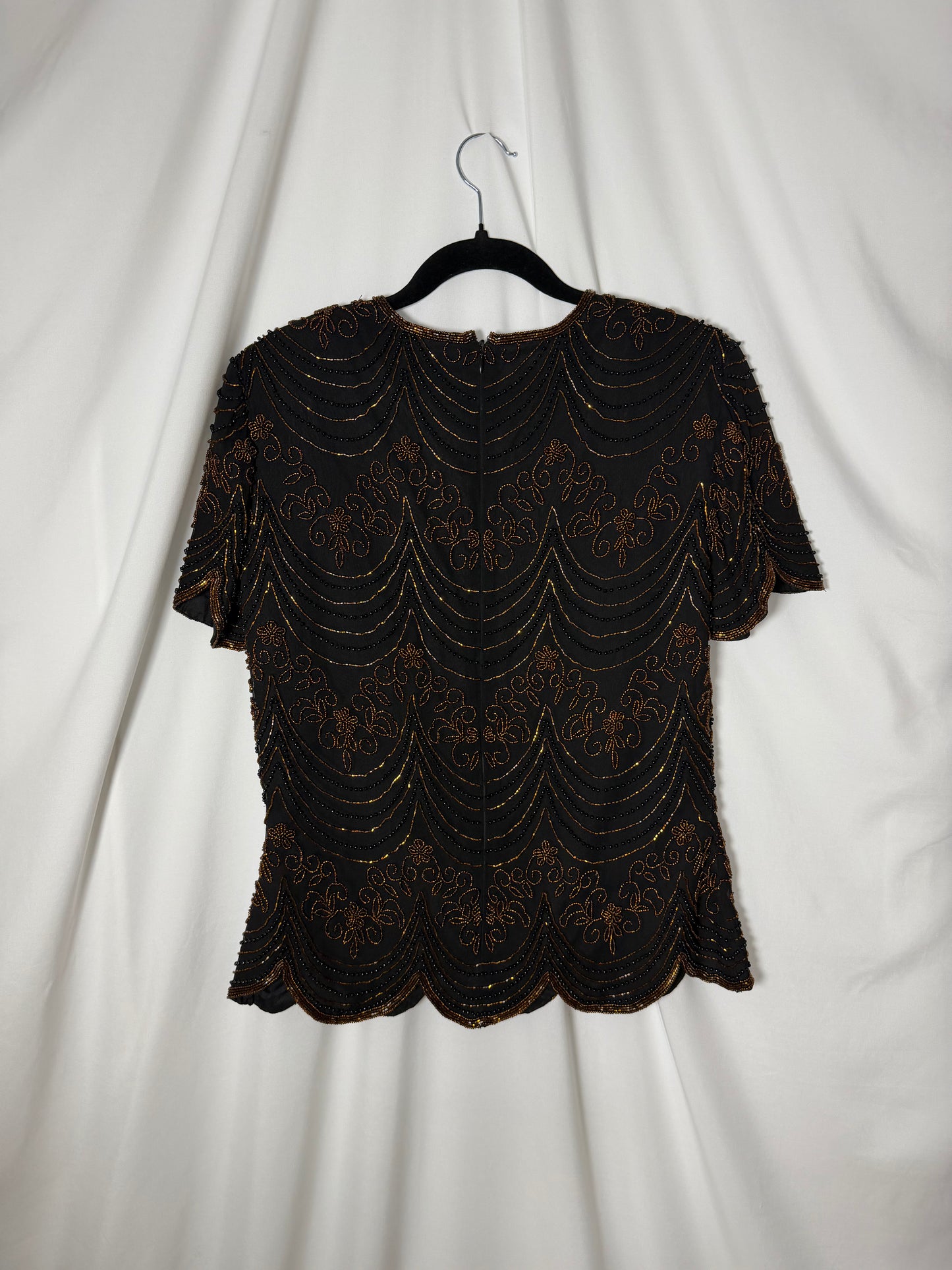 1990's 100% Silk Fully Beaded Blouse With Scallop Edge- Size Small
