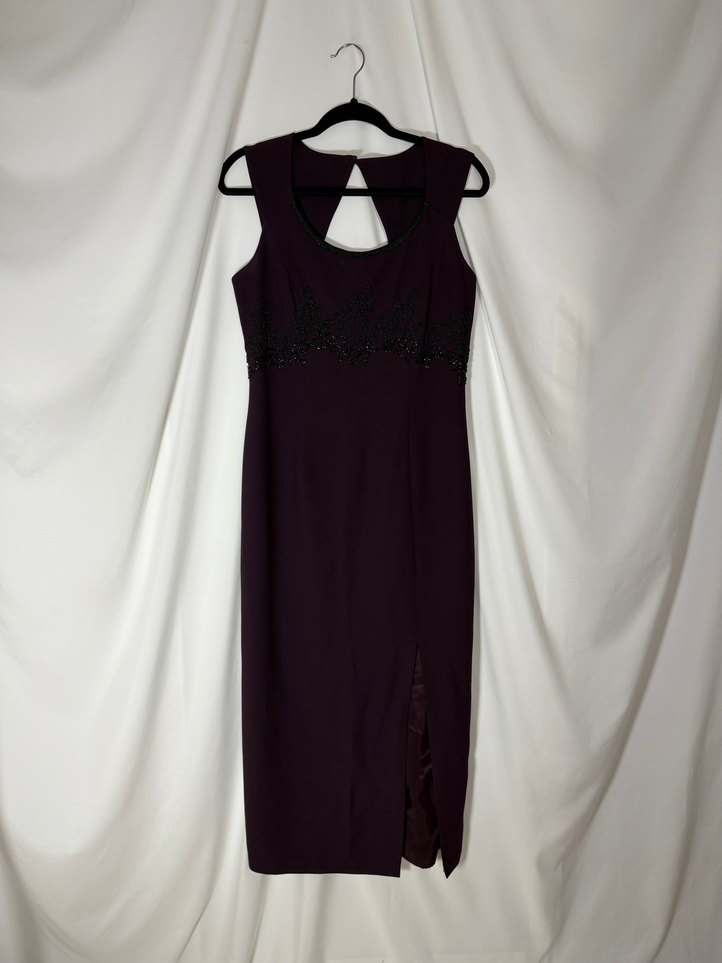 1990's Deep Eggplant Beaded Keyhole Back Maxi Dress- Size 10