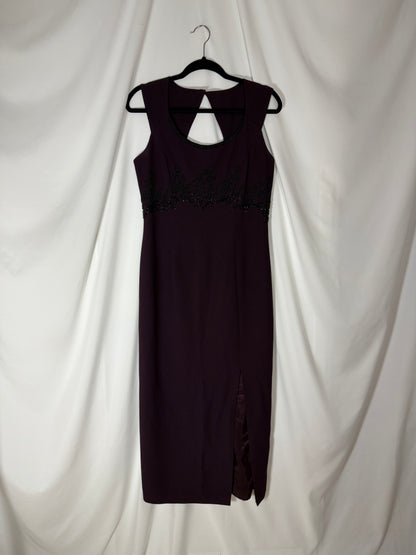 1990's Deep Eggplant Beaded Keyhole Back Maxi Dress- Size 10