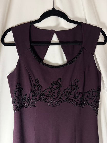 1990's Deep Eggplant Beaded Keyhole Back Maxi Dress- Size 10