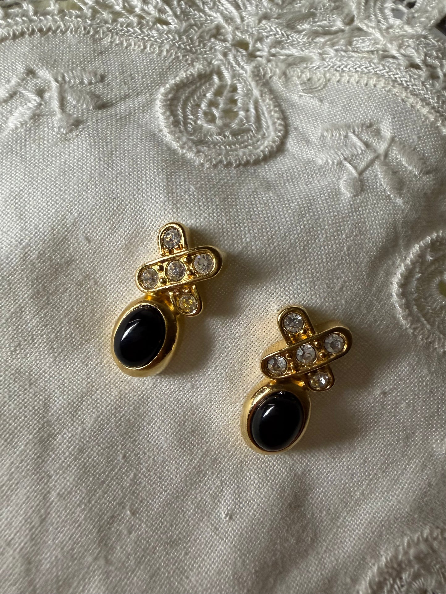 Vintage Black Rhinestone Drop Post Earrings Gold Bezel