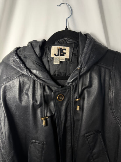 1990's Leather Cinched Waist Hooded Coat- Size Medium