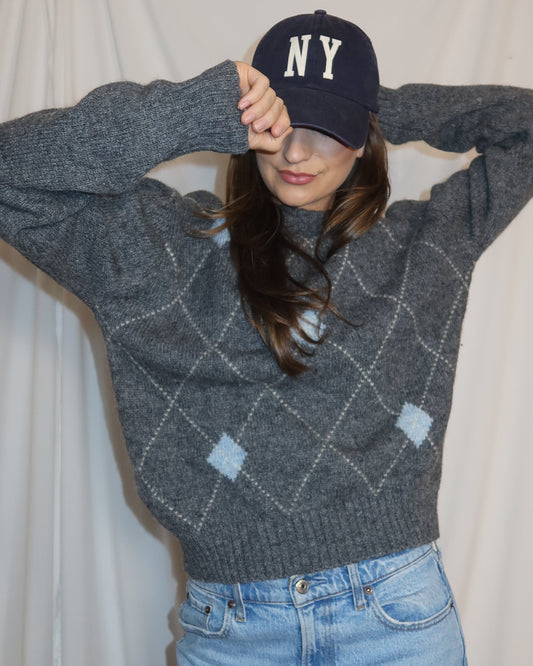 Vintage 1960's Heather Gray & Light Blue Wool Argyle Classic Sweater- Size XL