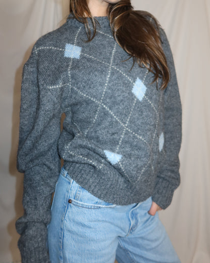 Vintage 1960's Heather Gray & Light Blue Wool Argyle Classic Sweater- Size XL