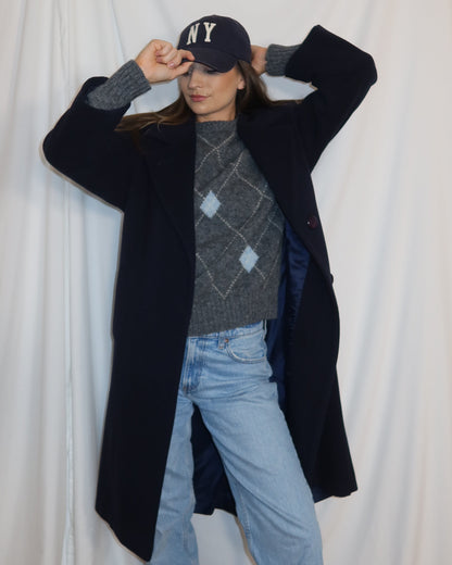 Vintage 1960's Heather Gray & Light Blue Wool Argyle Classic Sweater- Size XL