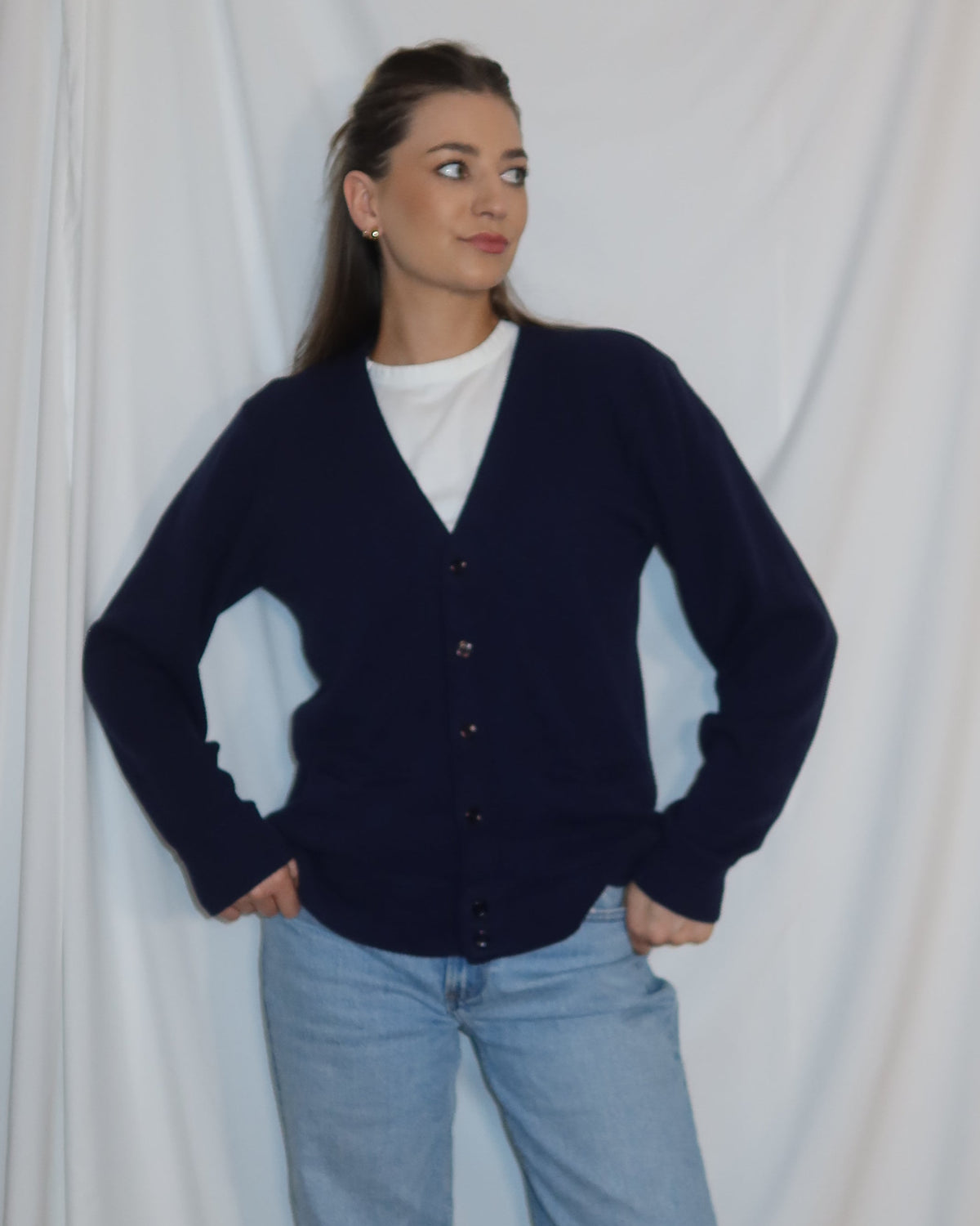 Vintage 1970's Varsity Retro Blue Cardigan- Size Large