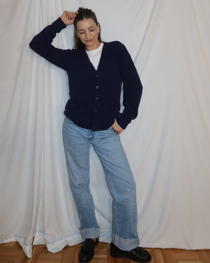 Vintage 1970's Varsity Retro Blue Cardigan- Size Large