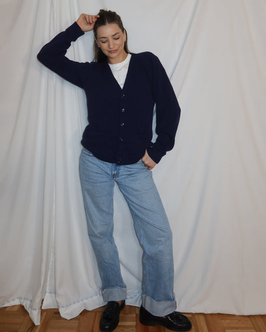 Vintage 1970's Varsity Retro Blue Cardigan- Size Large