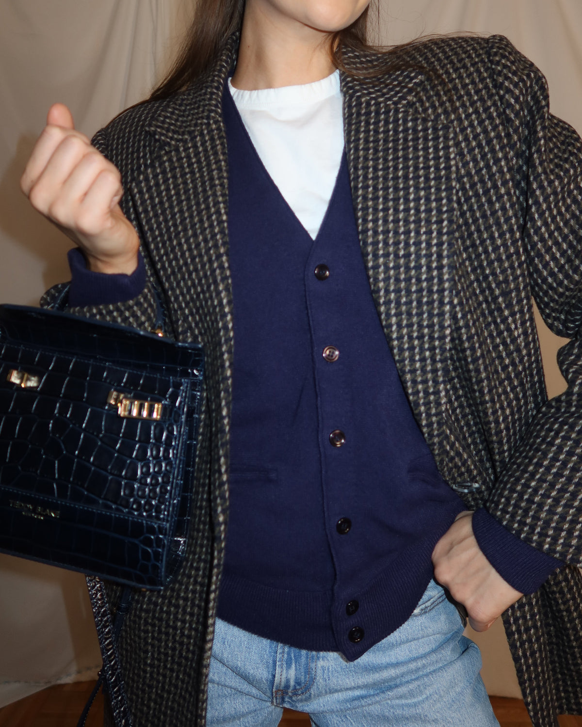 Vintage 1970's Varsity Retro Blue Cardigan- Size Large