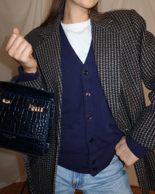 Vintage 1970's Varsity Retro Blue Cardigan- Size Large