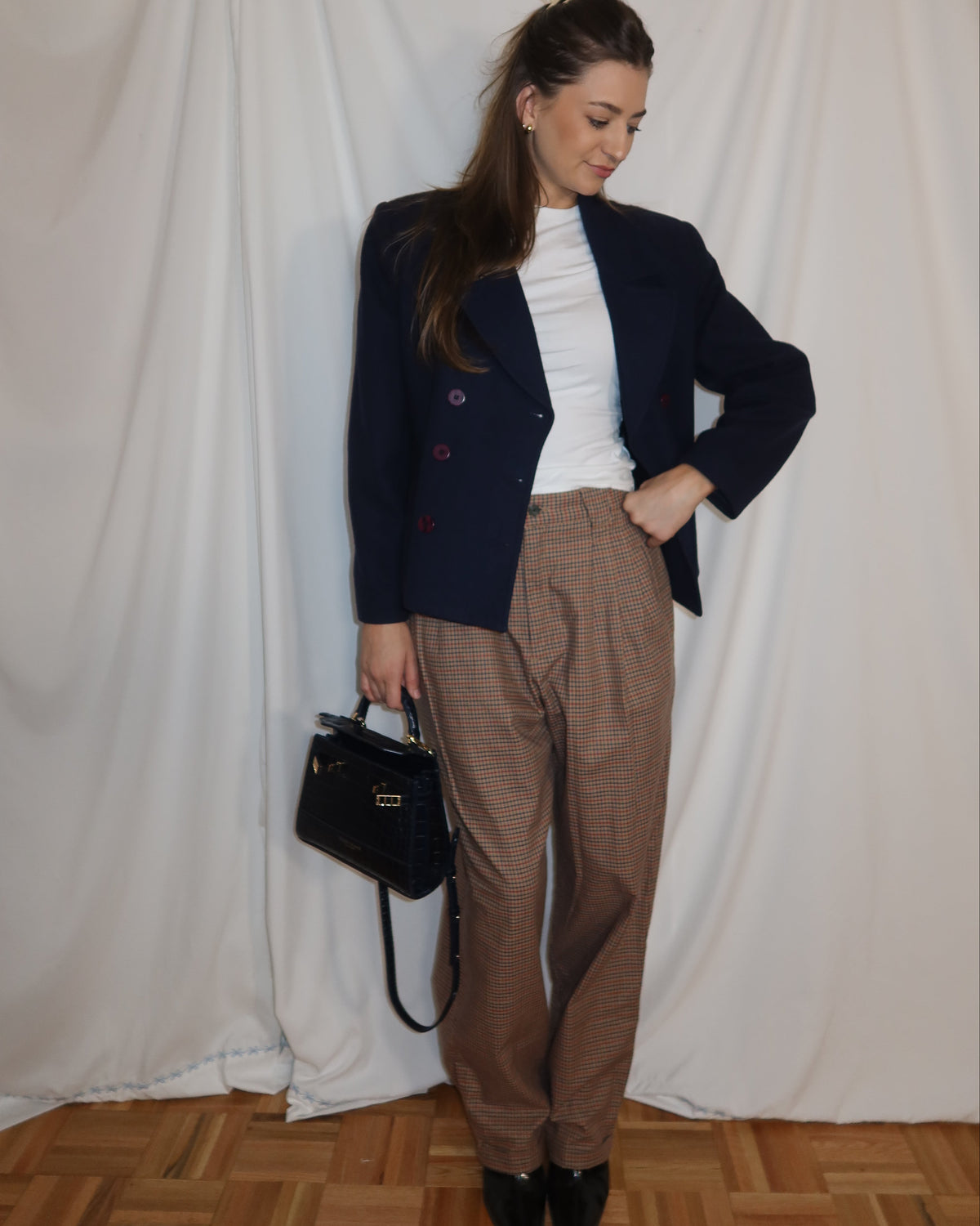 Vintage 1990's 100% Cotton Plaid Liz Claiborne Pleated Carrot Shape Trousers- Size 12/M