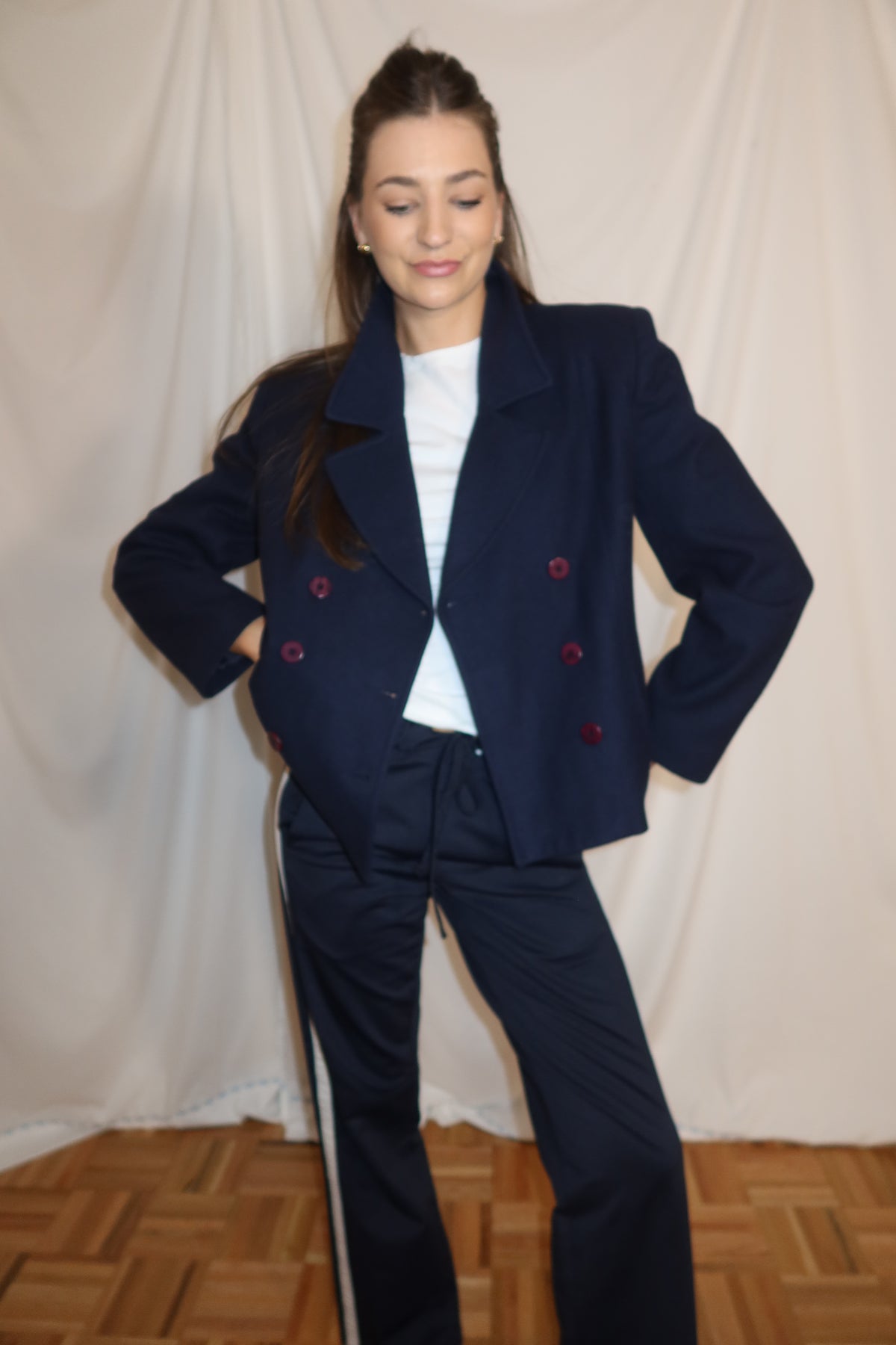 Vintage Y2K 100% Wool Peacoat Cropped Double Breasted Midnight Blue -Size 10/M