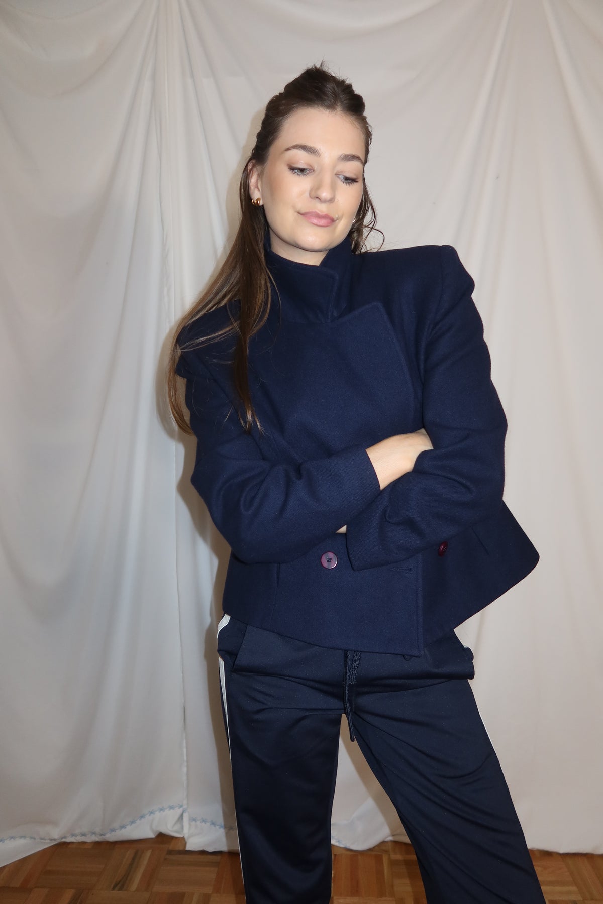 Vintage Y2K 100% Wool Peacoat Cropped Double Breasted Midnight Blue -Size 10/M