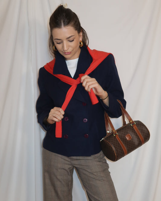 Vintage Y2K 100% Wool Peacoat Cropped Double Breasted Midnight Blue -Size 10/M