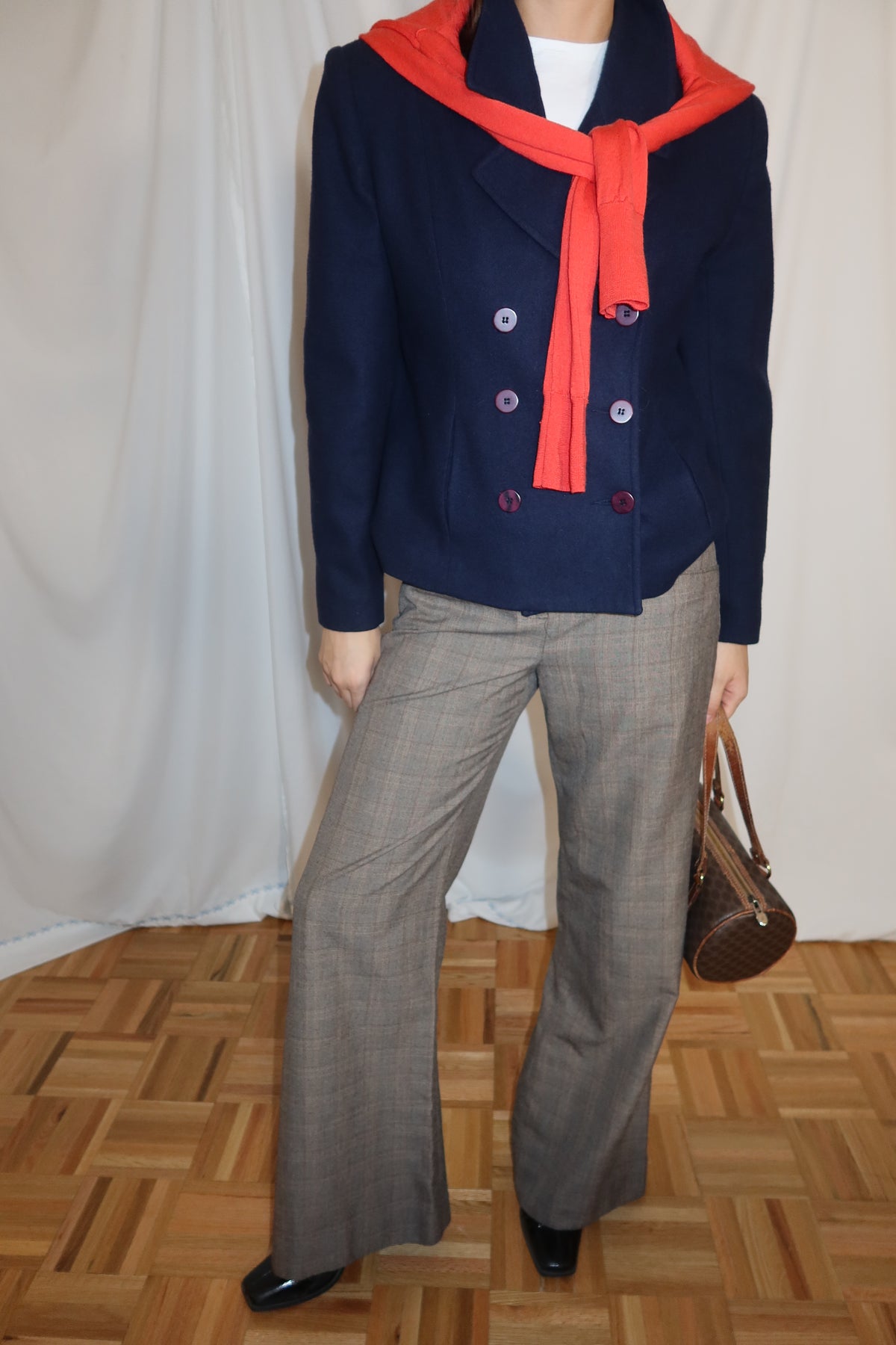Vintage Y2K 100% Wool Peacoat Cropped Double Breasted Midnight Blue -Size 10/M