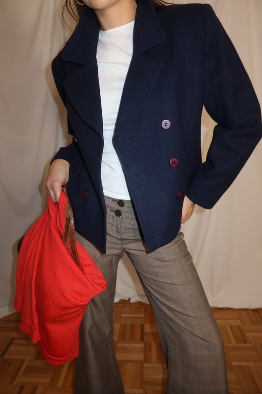 Vintage Y2K 100% Wool Peacoat Cropped Double Breasted Midnight Blue -Size 10/M