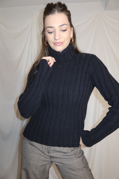Vintage Y2K Heavy Cotton Wide Ribbed Black Turtleneck Sweater- Size S