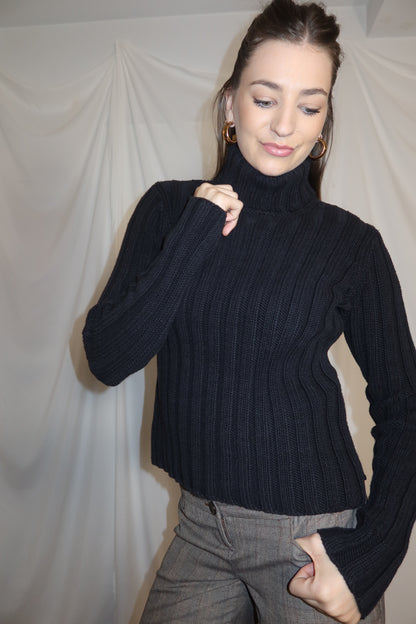 Vintage Y2K Heavy Cotton Wide Ribbed Black Turtleneck Sweater- Size S