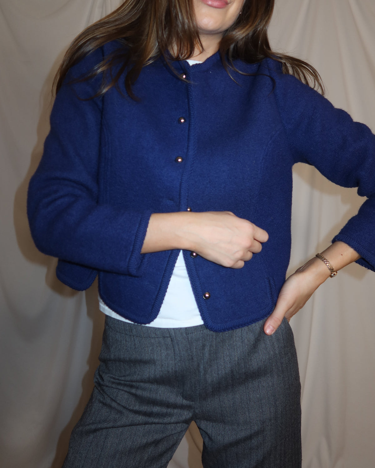 Vintage 1960’s Royal Blue 100% Boiled Wool Lady Jacket/Cardigan- Size S/M