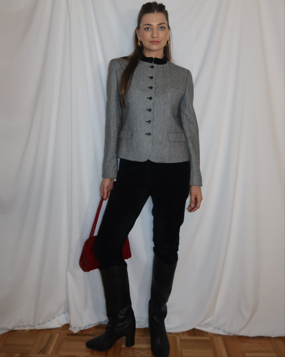 Vintage 1990's Black & White Wool Blazer with Velvet Mandarin Collar- Size S/M