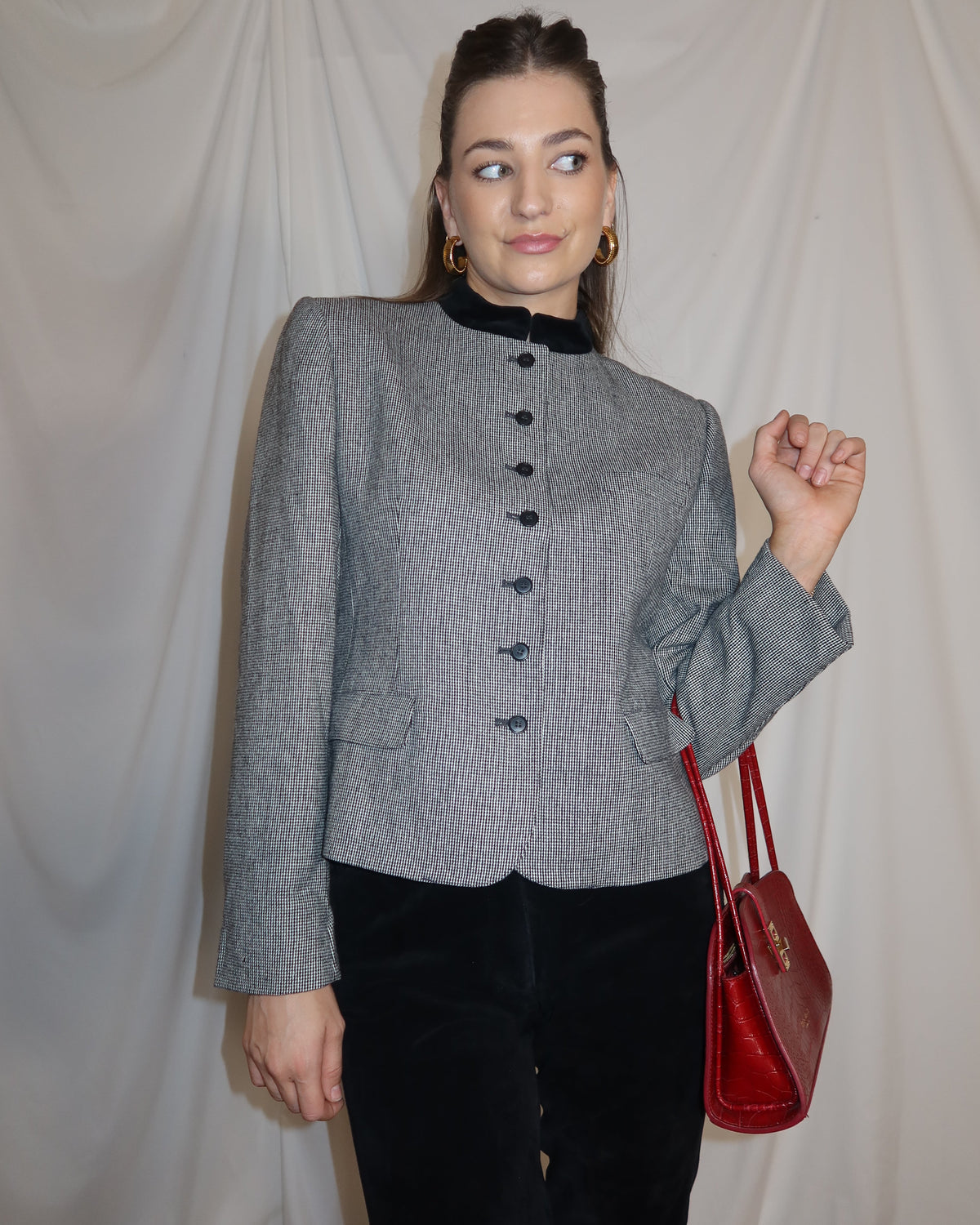 Vintage 1990's Black & White Wool Blazer with Velvet Mandarin Collar- Size S/M