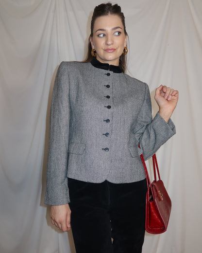 Vintage 1990's Black & White Wool Blazer with Velvet Mandarin Collar- Size S/M