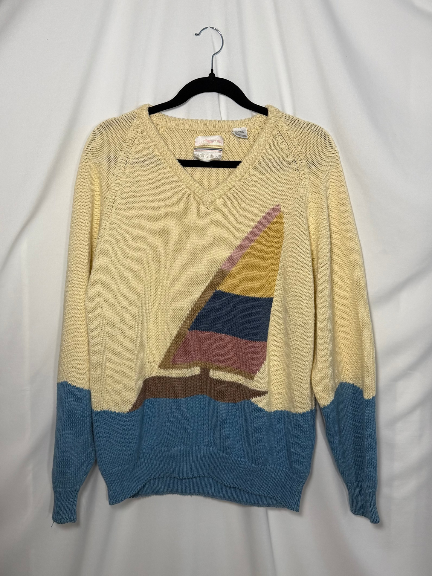 1980's Sailboat Colorblock V-neck Raglan Sweater- Size L